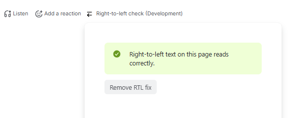 The Right-to-left check panel on a fixed page, reporting that the text reads correctly and offering Remove RTL fix