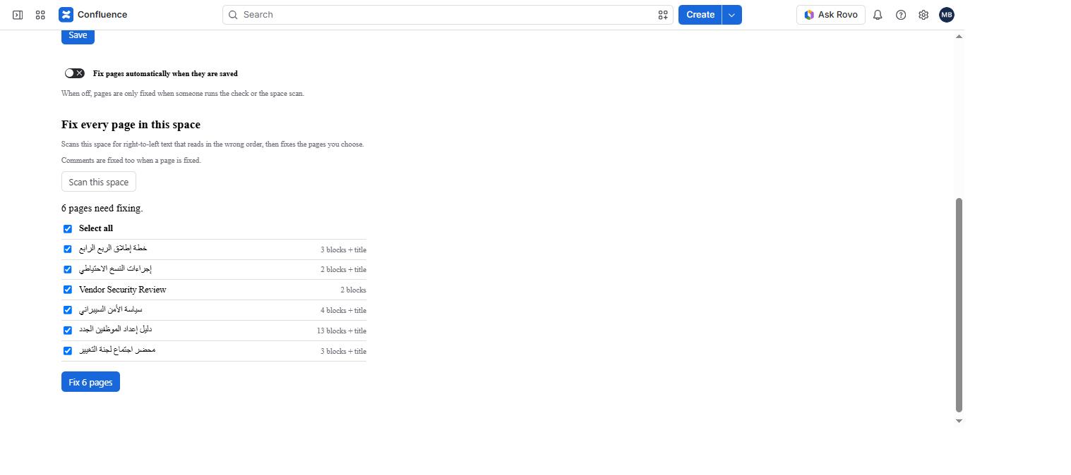 Space scan results listing six Confluence pages, each with a block count such as 3 blocks plus title, with checkboxes and a Fix 6 pages button