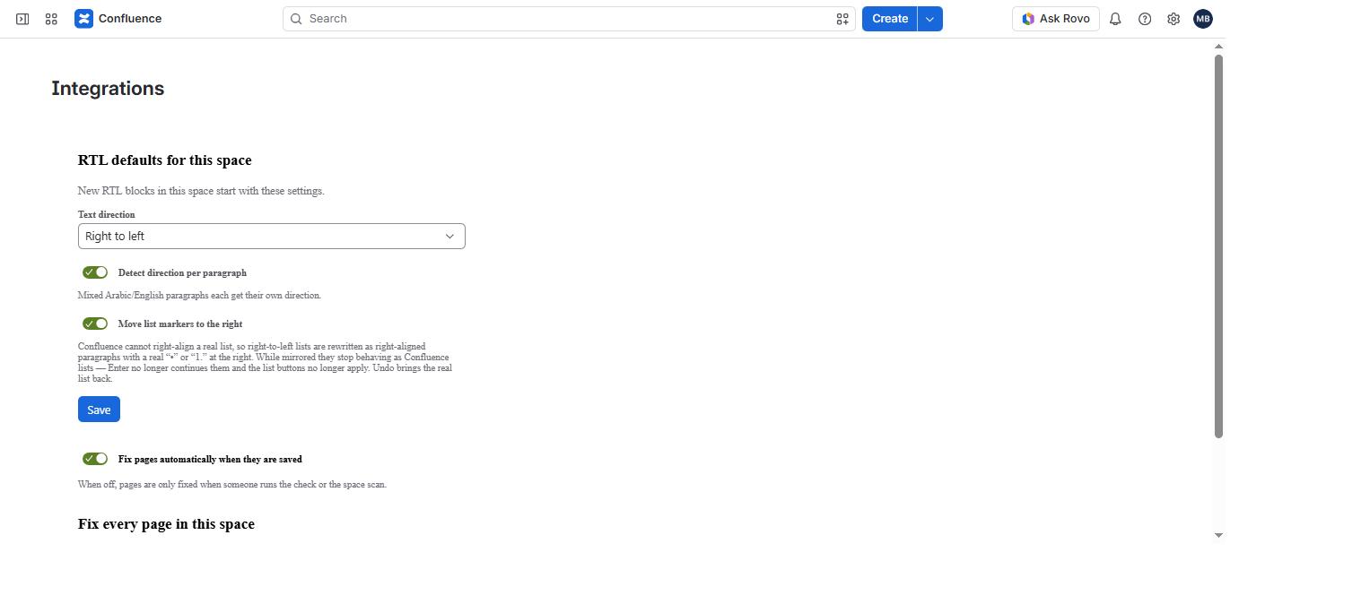 Confluence space settings showing RTL defaults for this space: a text direction dropdown set to Right to left, and toggles for detecting direction per paragraph and moving list markers to the right